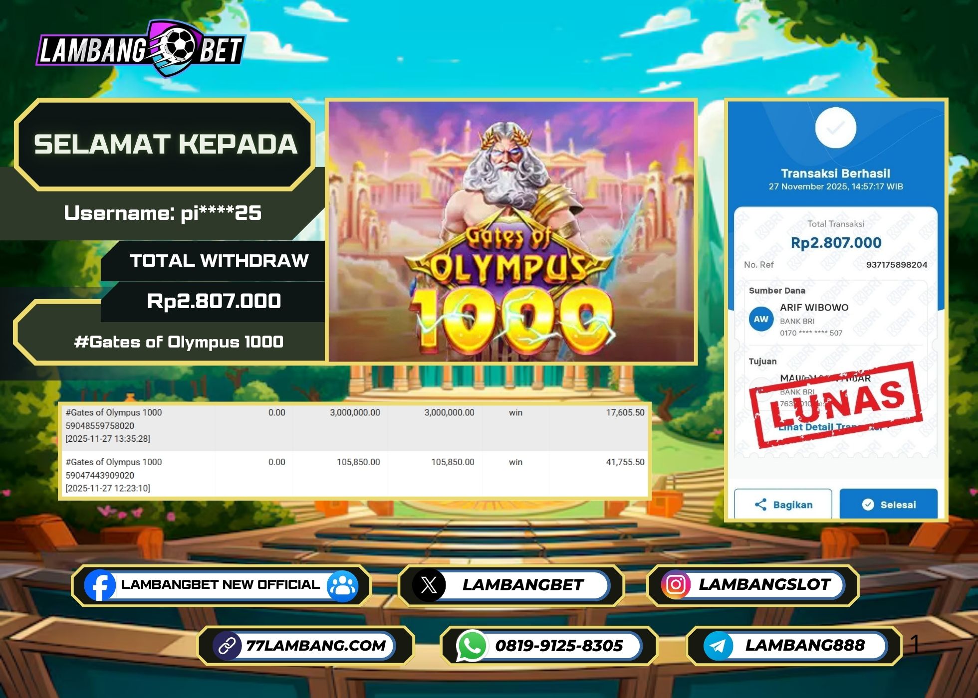 LAMBANGBET [27 NOVEMBER 2025] JACKPOT SLOT Gates of Olympus 1000 "Rp2.807.000" LUNAS